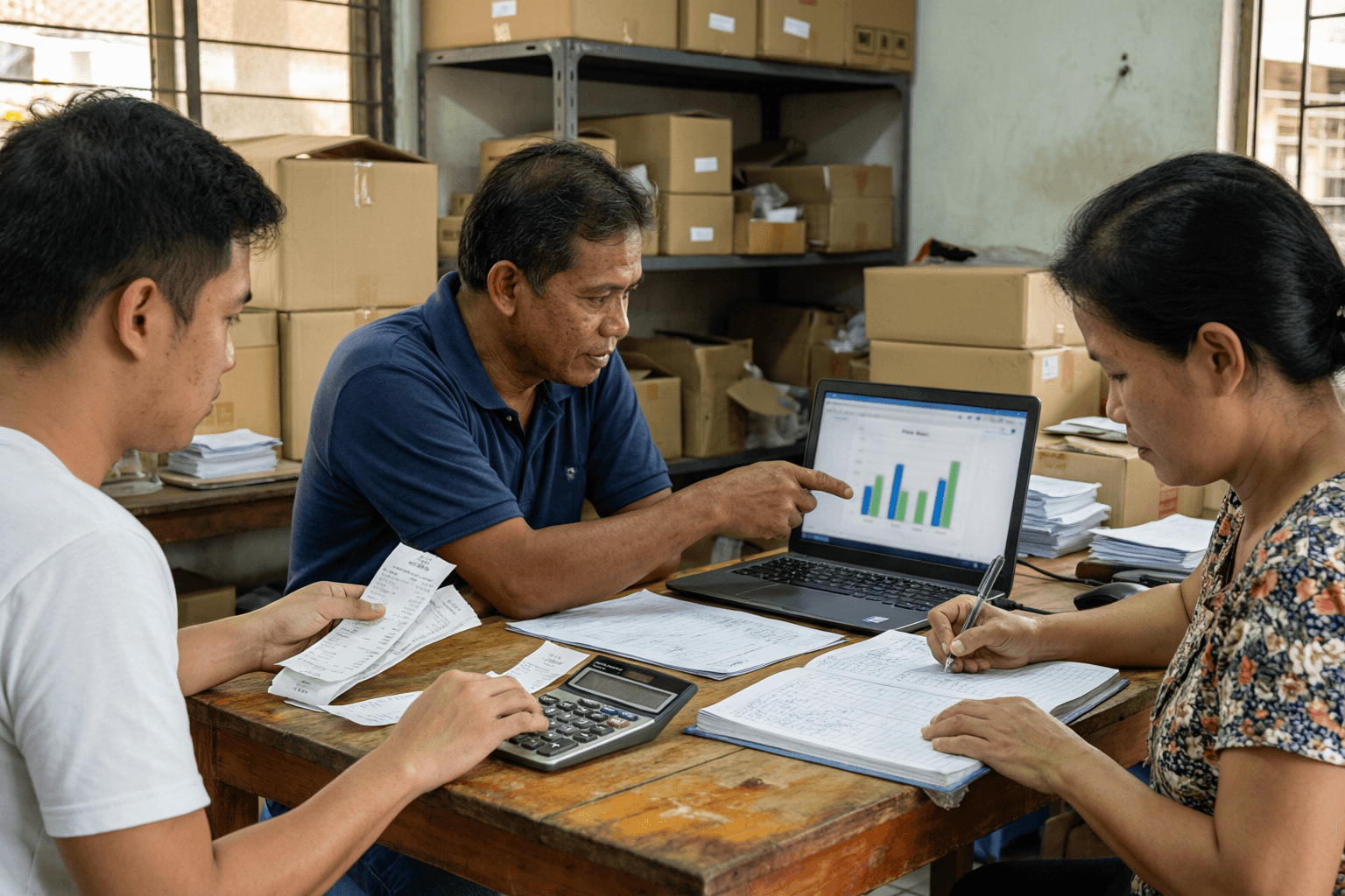 Filipino small business owners collaborating in a meeting with laptop and documents